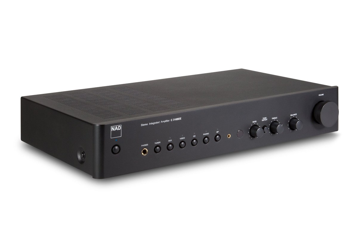 Black integrated amplifier seen from three quarters, front panel with source buttons and tone controls