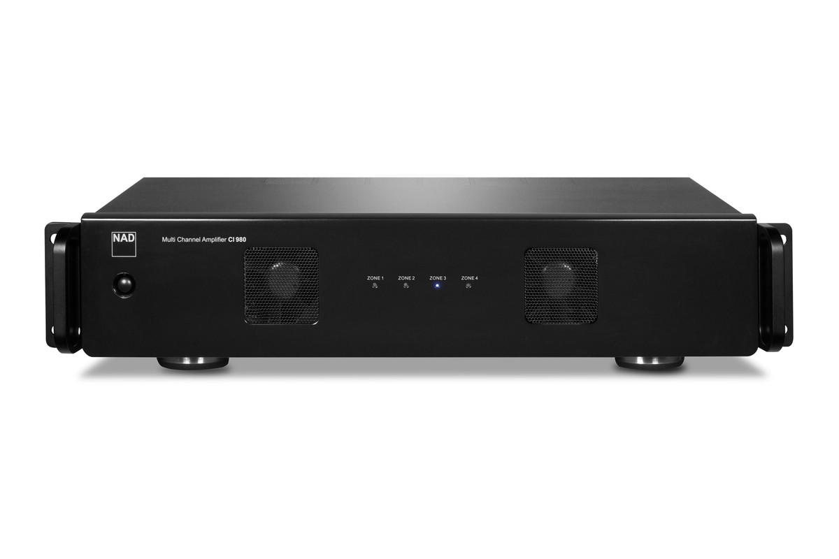 Façade noire avec oreilles de rack, quatre témoins de zone allumés