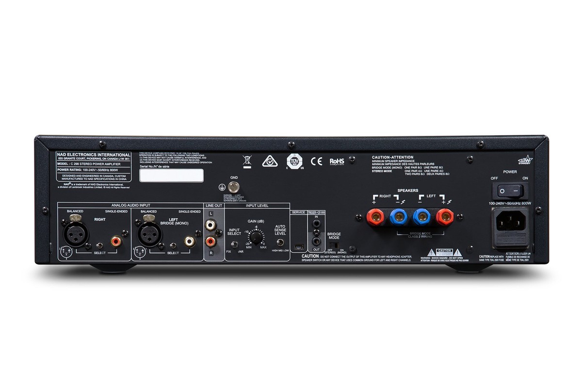 Rear panel with XLR and RCA inputs, line output, bridge mode switch and terminals
