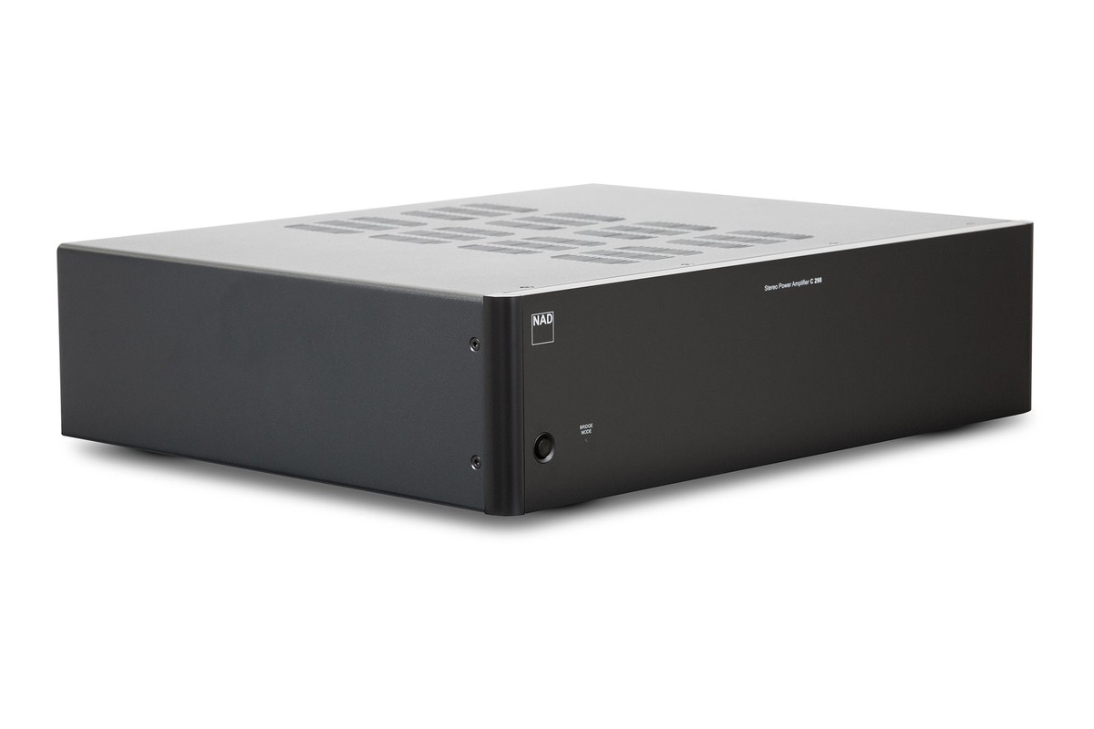 Black amplifier seen at a three-quarter angle, vented top and plain front panel