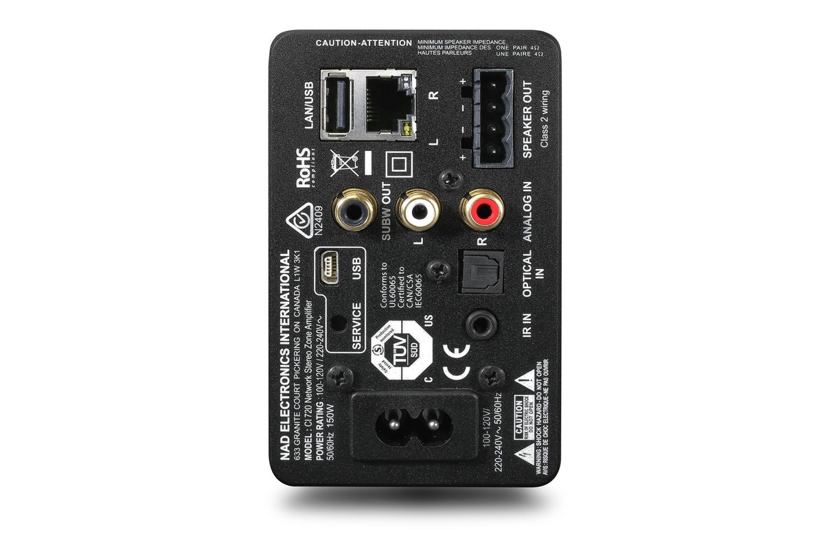 Face arrière : Ethernet, USB, sortie caisson, entrées RCA et optique, bornier haut-parleurs