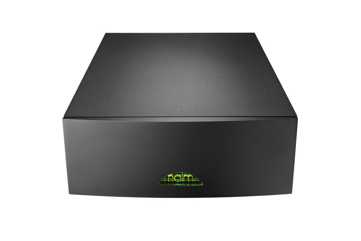 Black anodised front panel and lit Naim logo seen from above