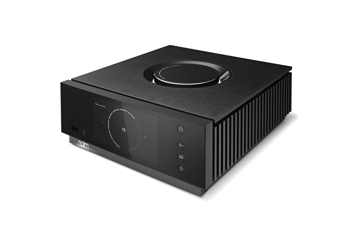 Naim Uniti Atom in three-quarter view with its volume dial