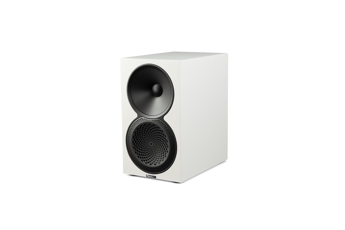 Satin white bookshelf speaker seen from a three-quarter angle