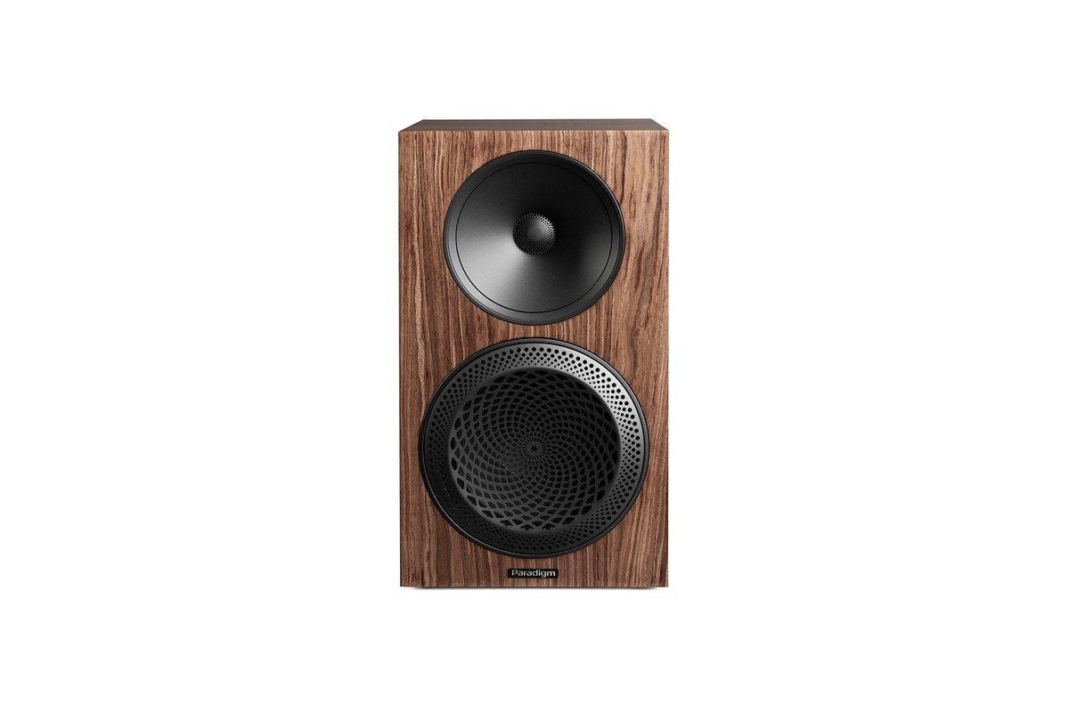 Walnut front baffle with a close-up of the mid/bass driver