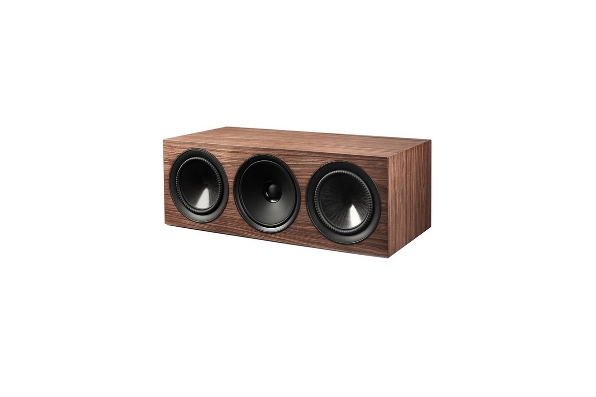 Enceinte LCR en noyer sans grille, trois haut-parleurs visibles