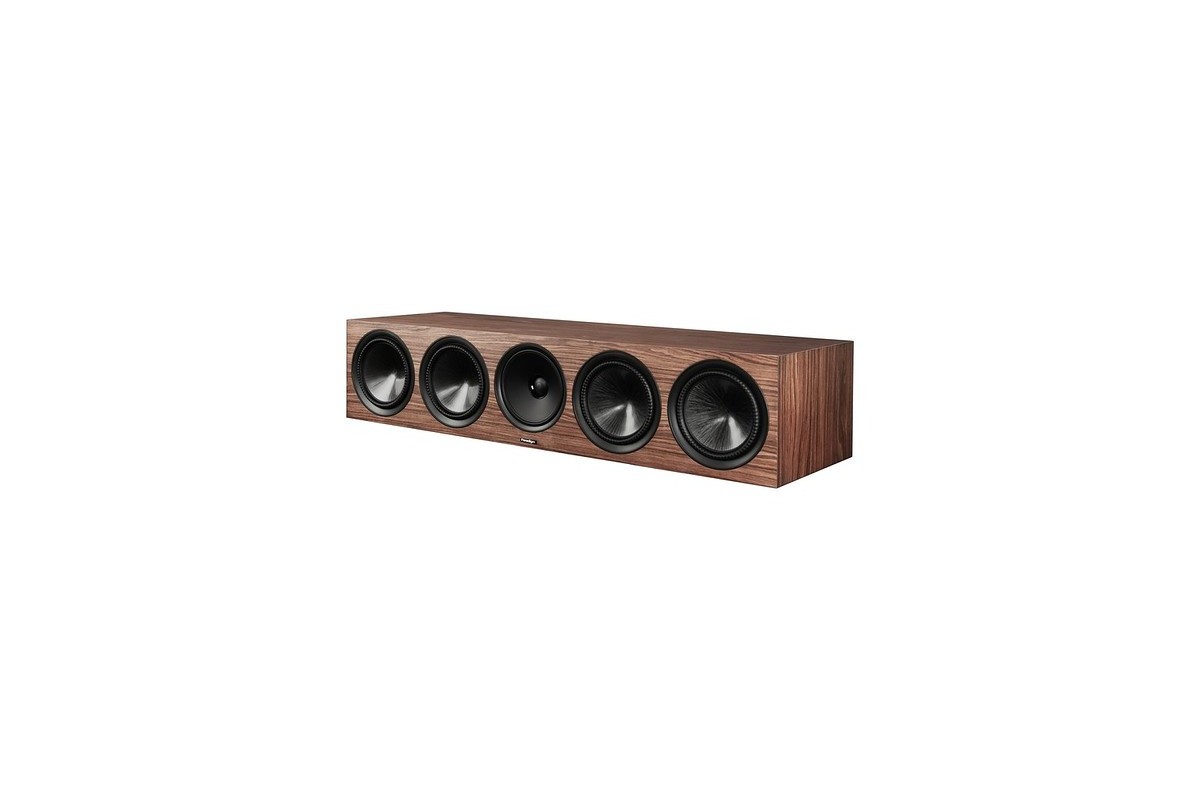 Enceinte centrale en noyer sans grille, cinq membranes visibles