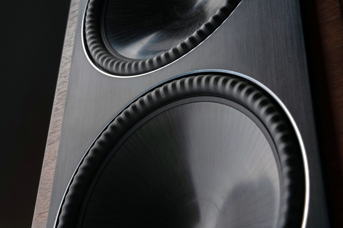 Gros plan sur un woofer à cône CARBON-X et sa suspension