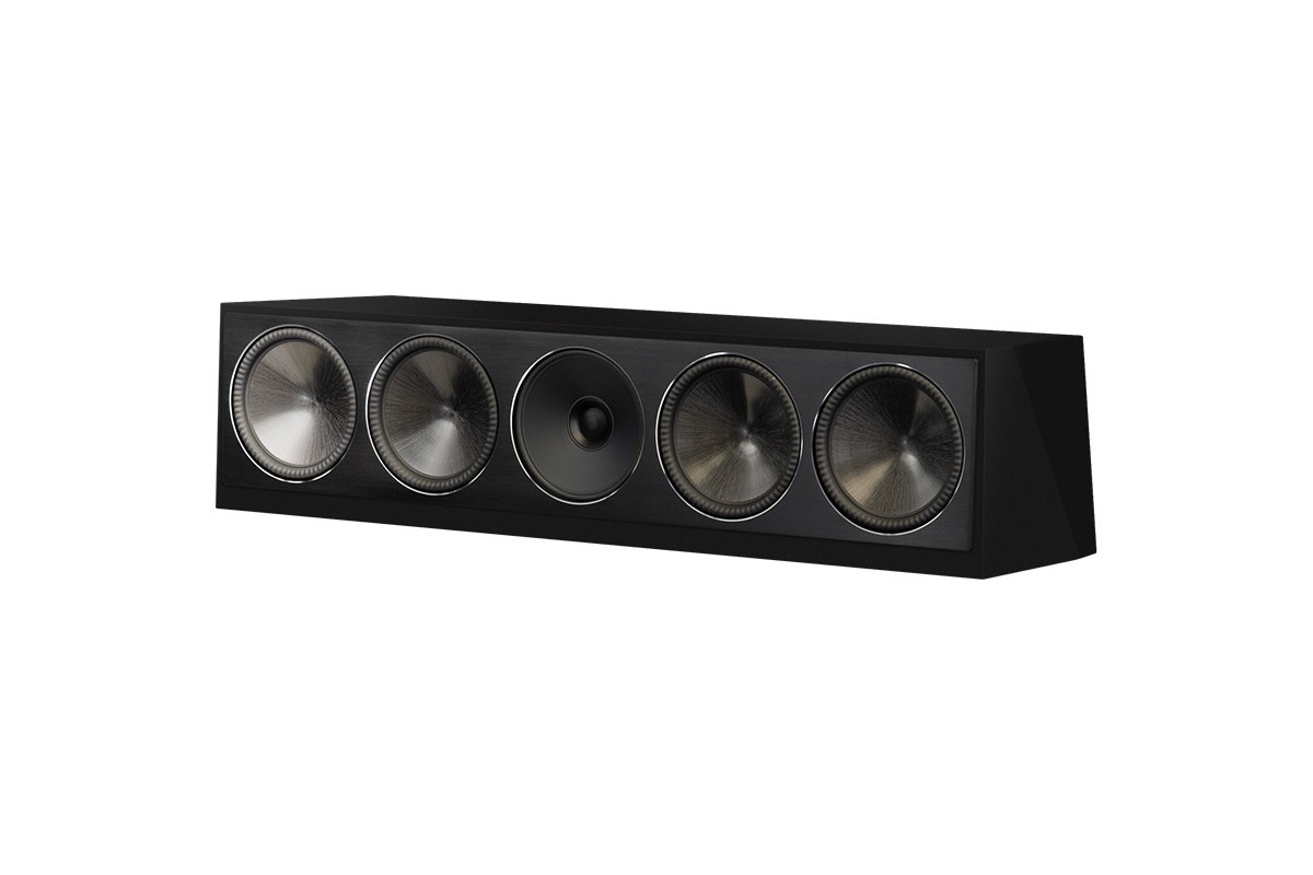 Enceinte centrale noire laquée vue de trois quarts sans grille