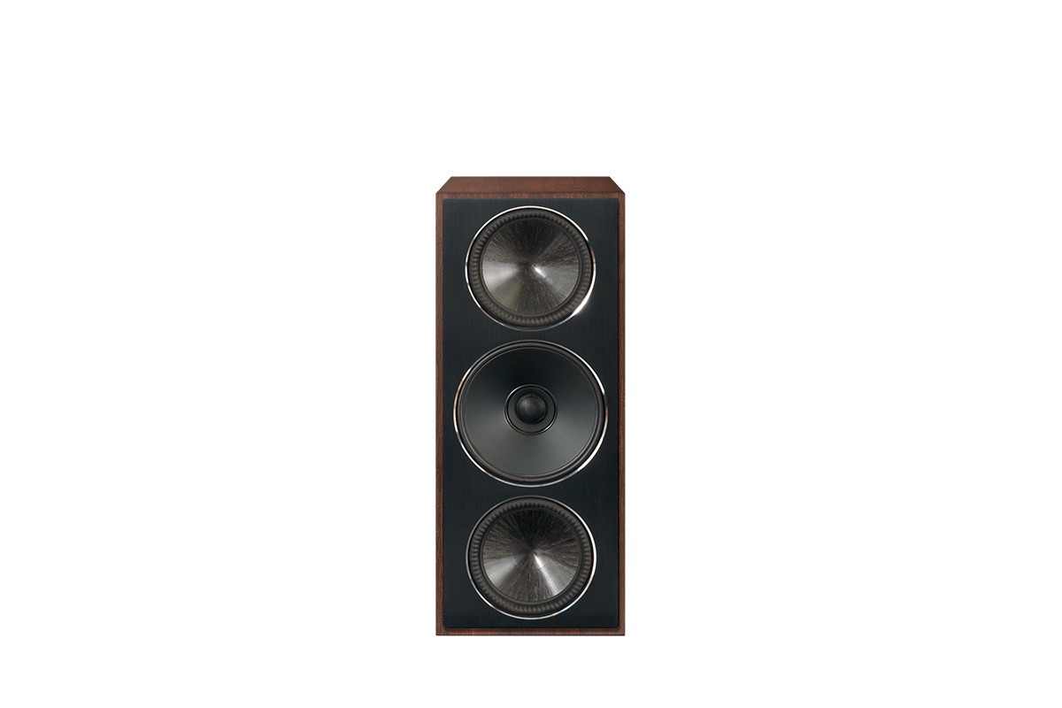 Enceinte en noyer posée à la verticale, vue de face sans grille