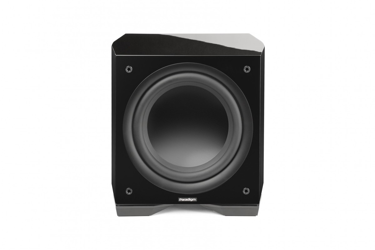 Caisson noir laqué vu de face sans grille, haut-parleur en aluminium apparent