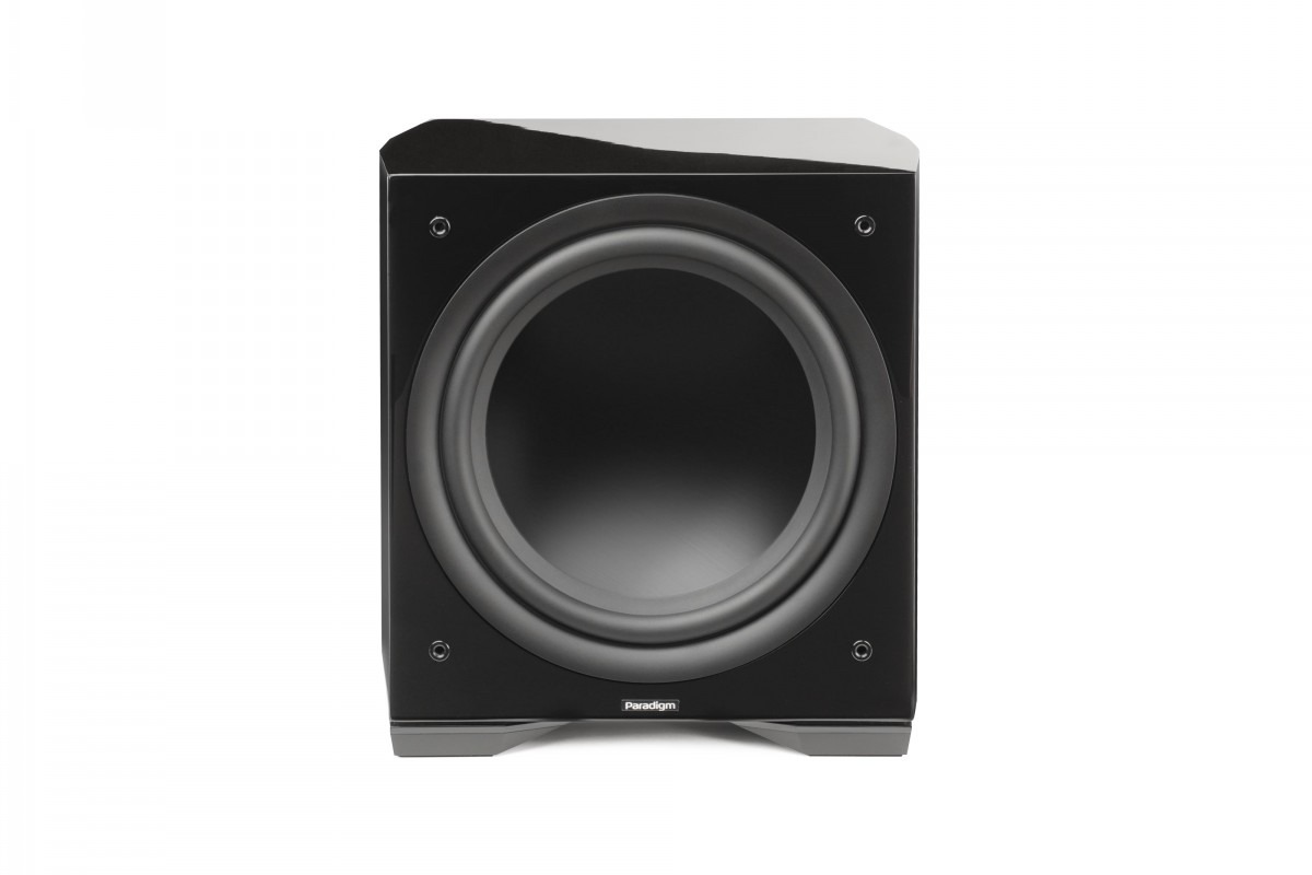 Caisson noir laqué vu de face sans grille, grand haut-parleur en aluminium