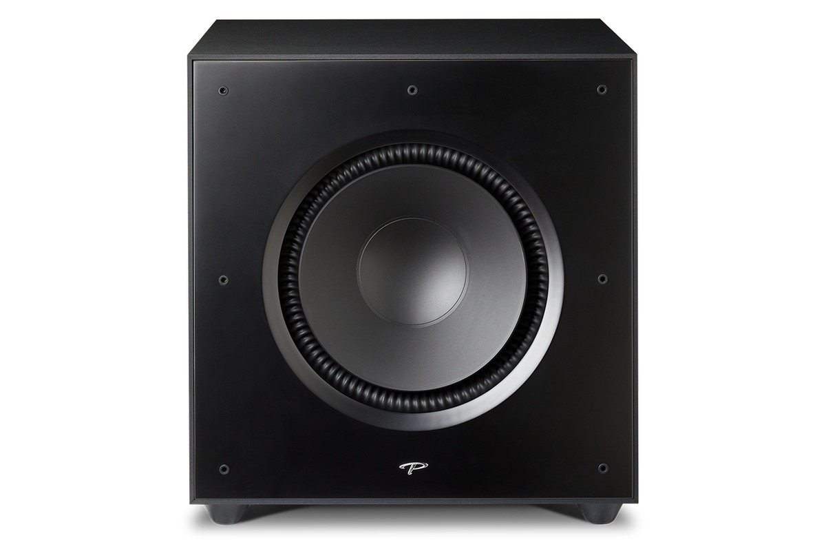 Caisson noir satiné vu de face sans grille, grand haut-parleur à suspension crantée