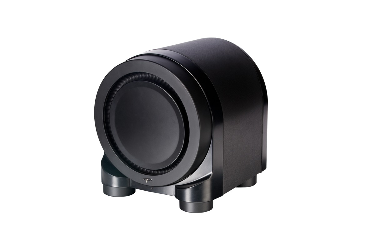 Caisson noir satiné aux formes arrondies, vu de trois quarts