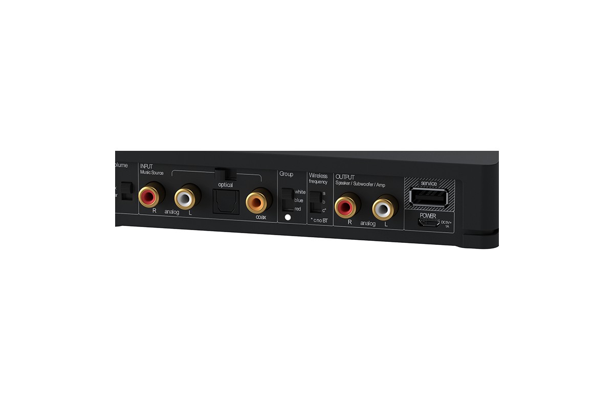 Gros plan sur les connecteurs analogiques, optique et coaxial et le sélecteur de fréquence sans fil