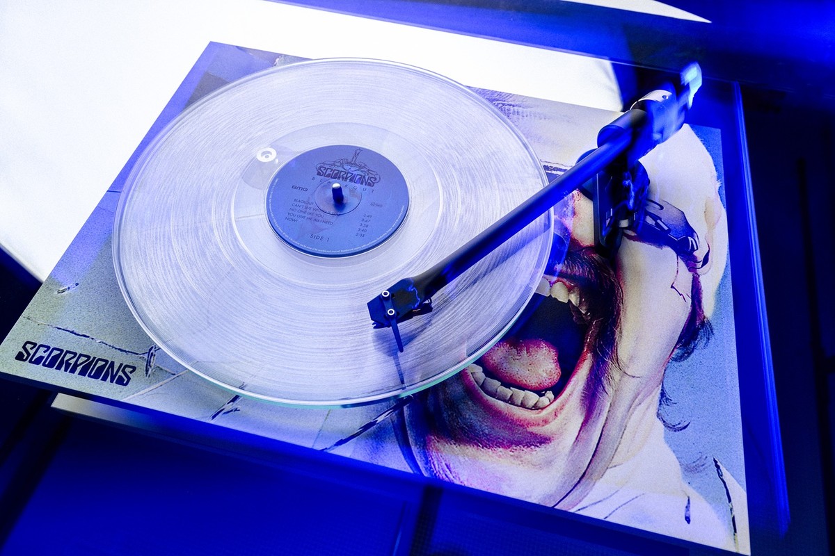 Decorated turntable under blue lighting