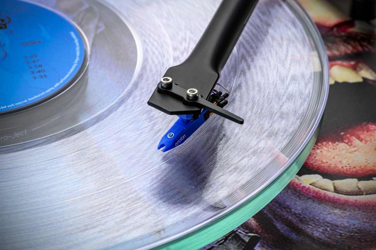 Blue cartridge on a clear record