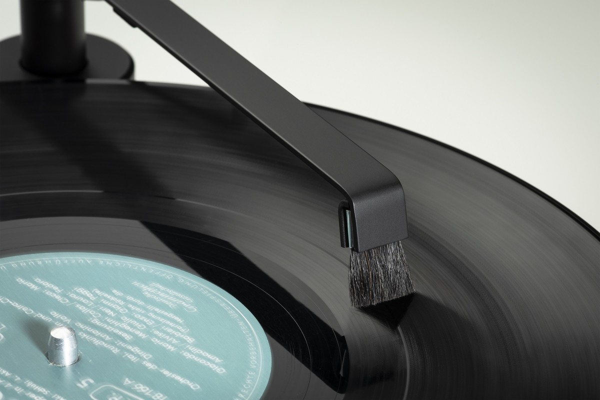 Setole naturali a contatto con i solchi di un vinile