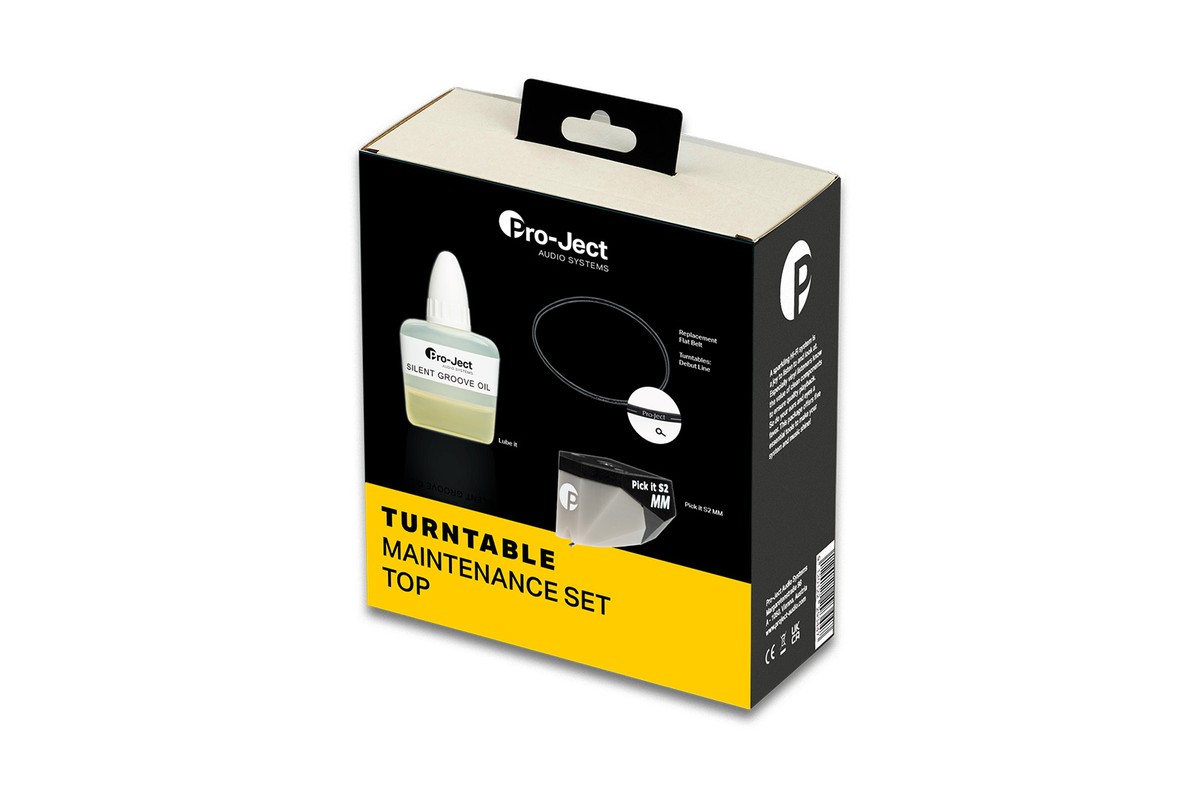 Box of the maintenance set with lubricant, belt and stylus