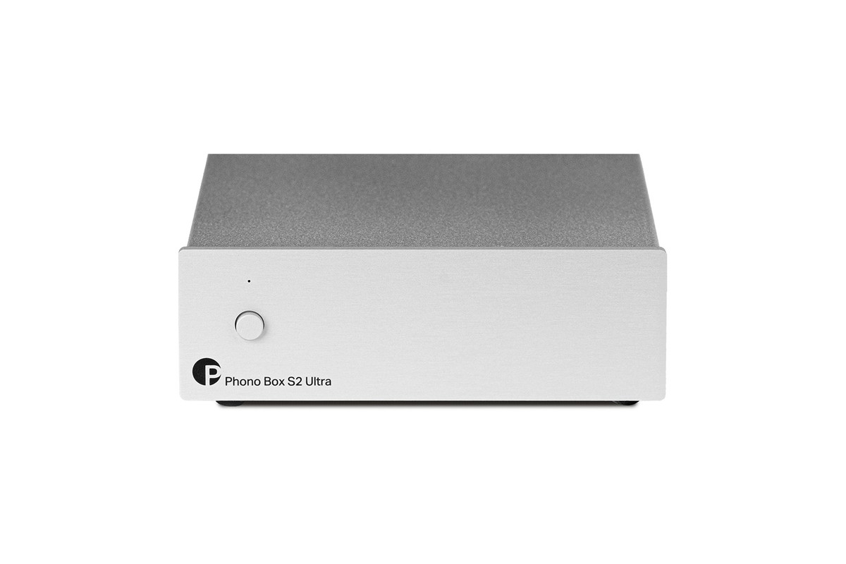 Preamplificatore phono argento visto di fronte, tasto di accensione