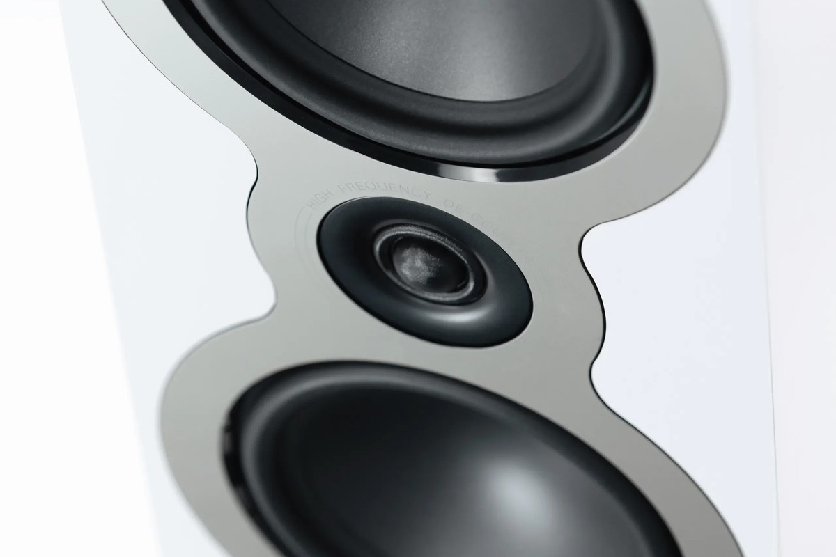 Close-up of the two midbass drivers and the tweeter of a white floorstanding speaker