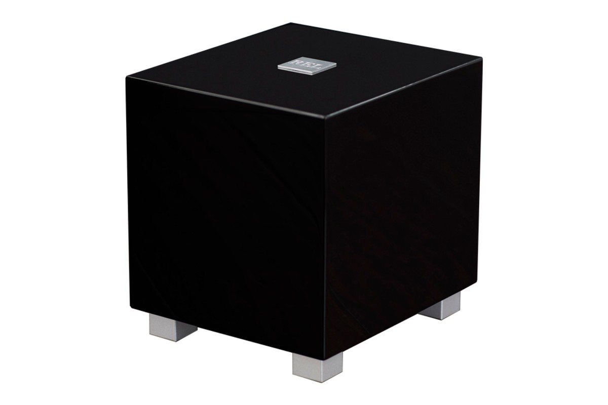 Caisson cube noir laqué vu de trois quarts sur ses pieds en aluminium