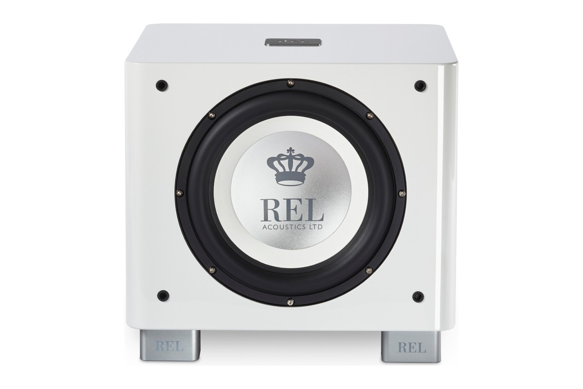 Subwoofer in Weiss glänzend von vorne mit grossem Treiber