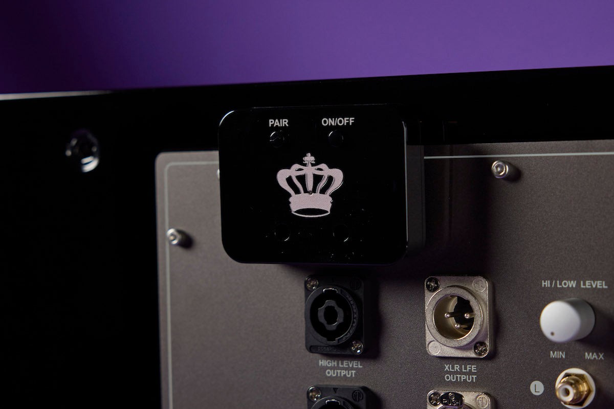 Wireless receiver plugged into the back of a subwoofer, above the sockets