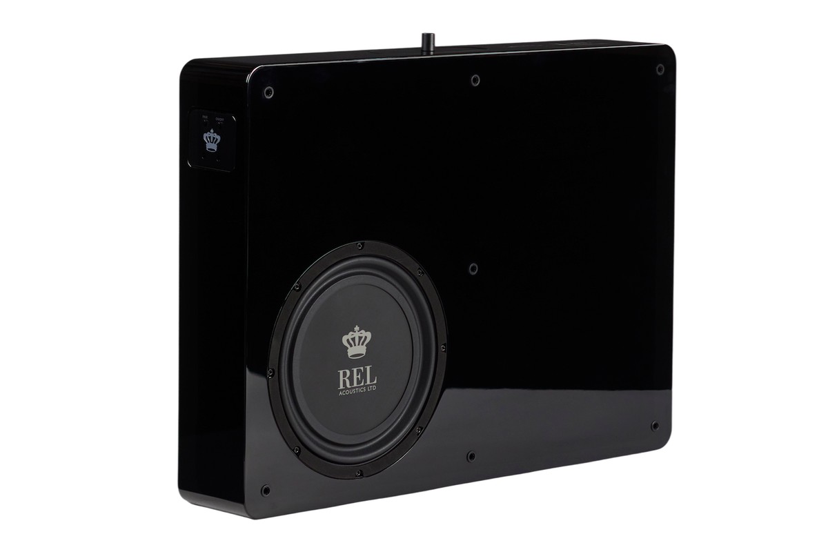 Black gloss subwoofer without grille at a three-quarter angle, showing its 20.5 cm driver
