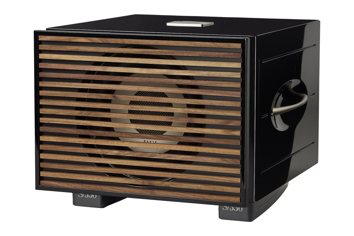Gloss black subwoofer with side handle and a wood-slatted front