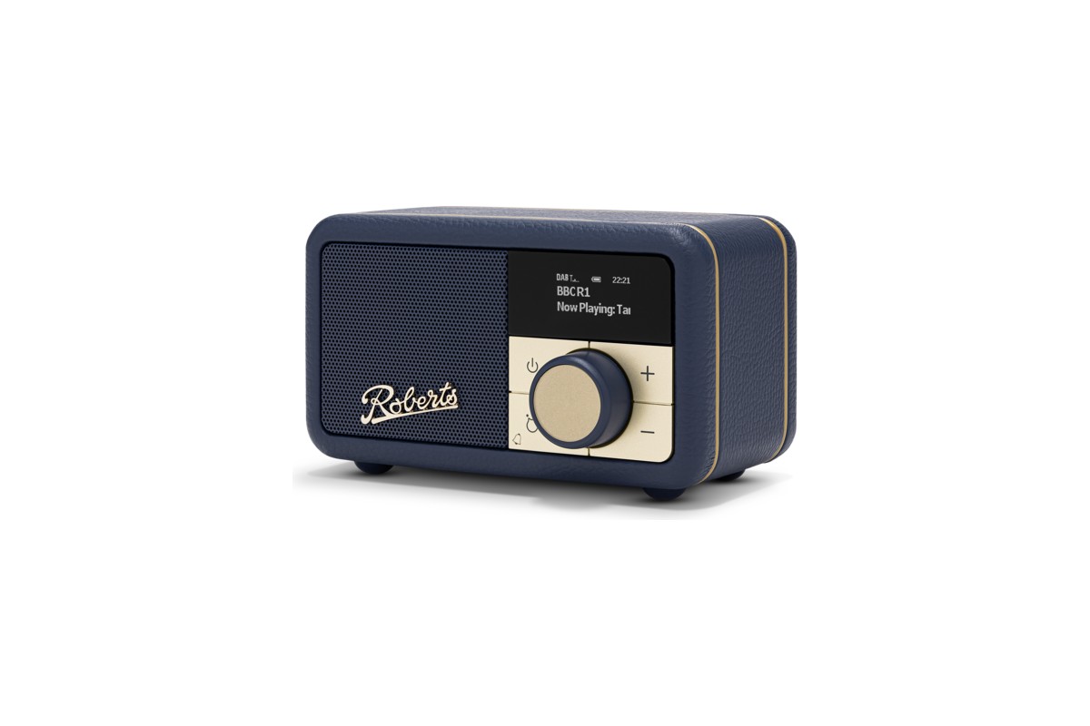 Radio Revival Petite 2 Midnight Blue, vue de trois quarts de face, fond blanc