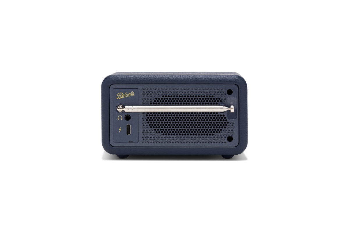 Face arrière de la radio Midnight Blue avec antenne télescopique, prise casque et port USB-C, fond blanc