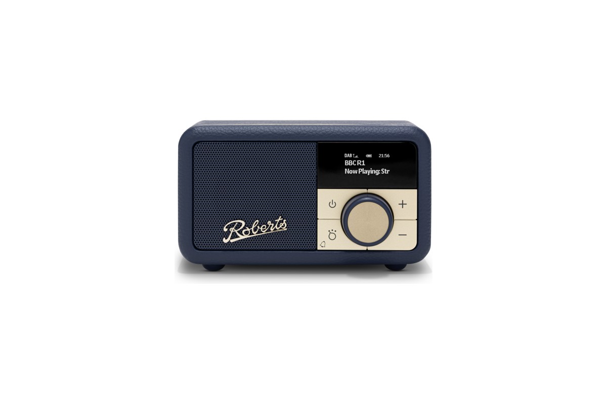 Radio rétro Midnight Blue vue de face, écran et bouton de réglage doré, fond blanc