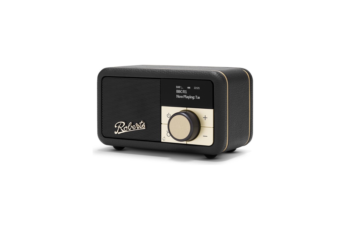 Radio Revival Petite 2 Black, vue de trois quarts de face, fond blanc