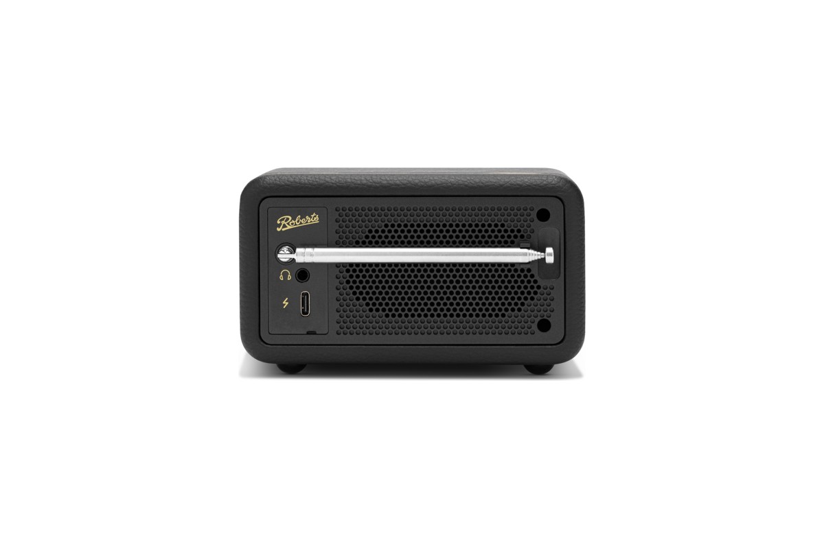 Face arrière de la radio Black avec antenne télescopique, prise casque et port USB-C, fond blanc
