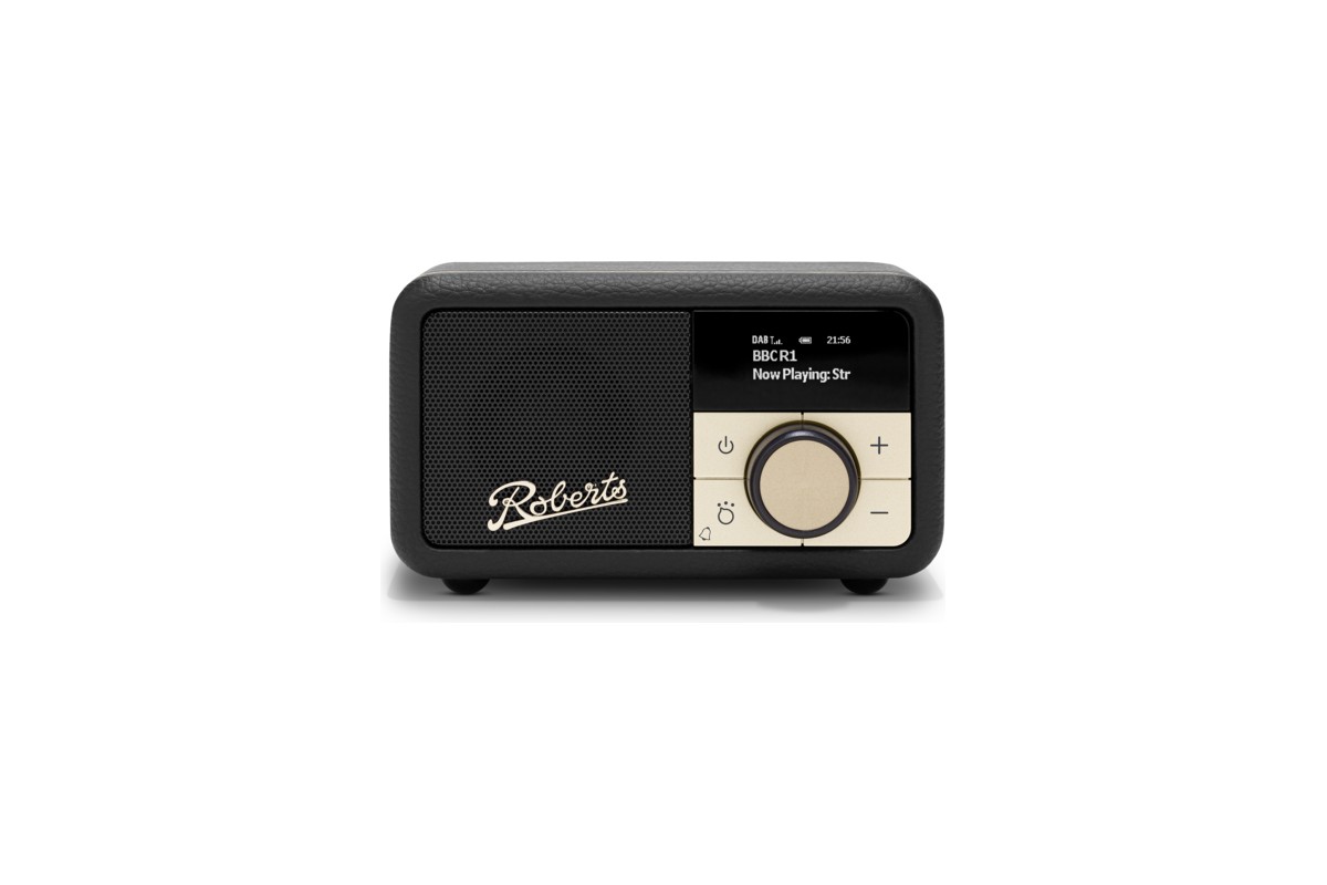 Radio rétro Black vue de face, écran et bouton de réglage doré, fond blanc