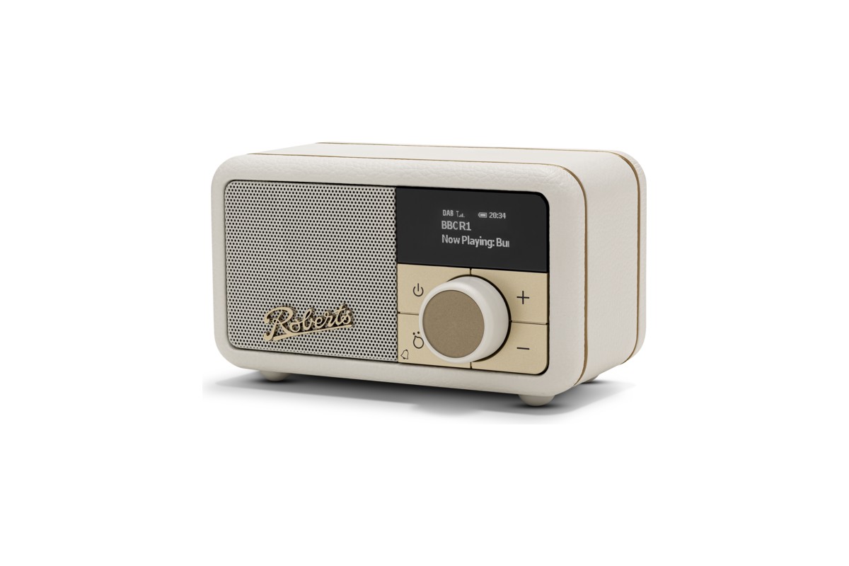 Radio Revival Petite 2 Pastel Cream, vue de trois quarts de face, fond blanc