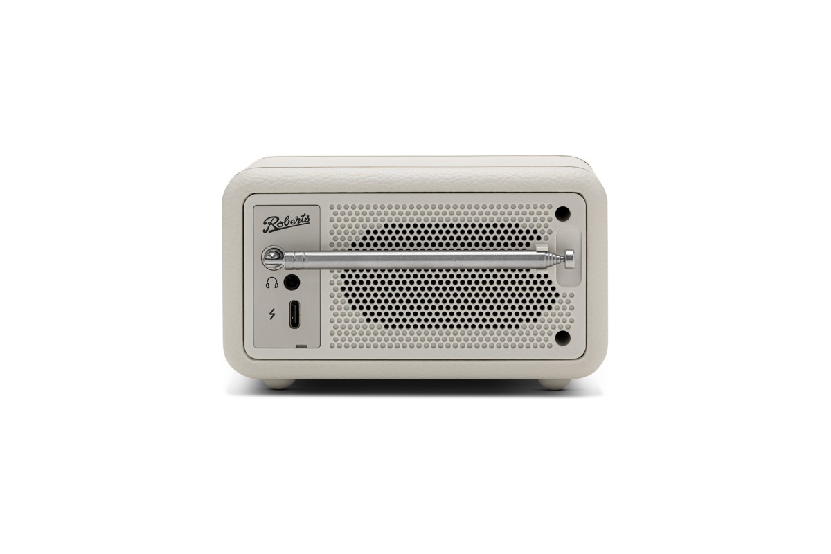 Face arrière de la radio Pastel Cream avec antenne télescopique, prise casque et port USB-C, fond blanc