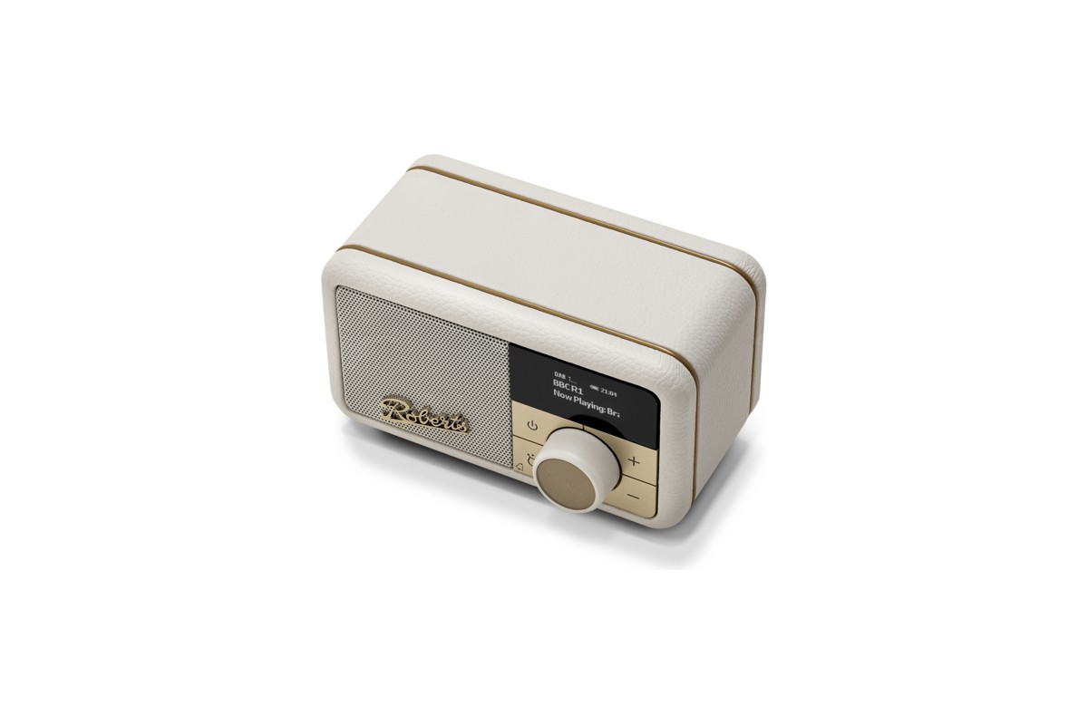 Radio rétro Pastel Cream vue de trois quarts en plongée sur fond blanc