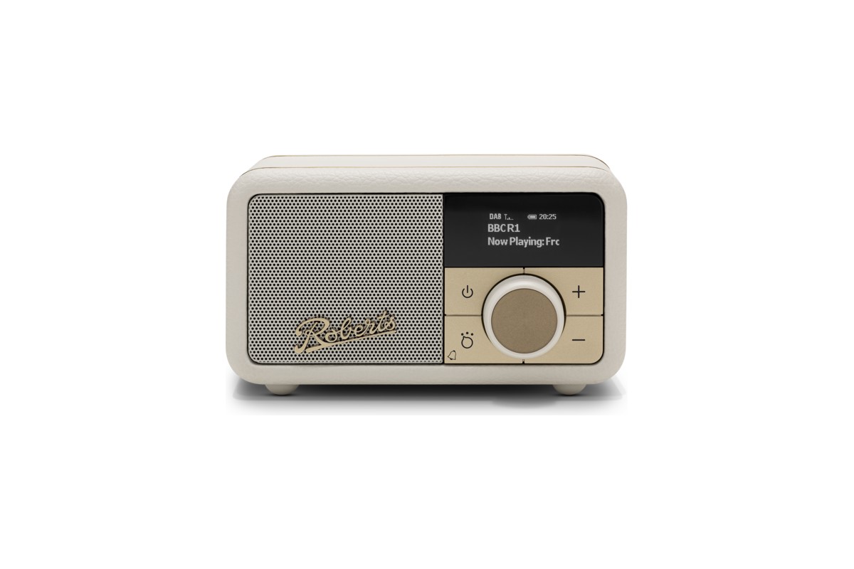 Radio rétro Pastel Cream vue de face, écran et bouton de réglage doré, fond blanc