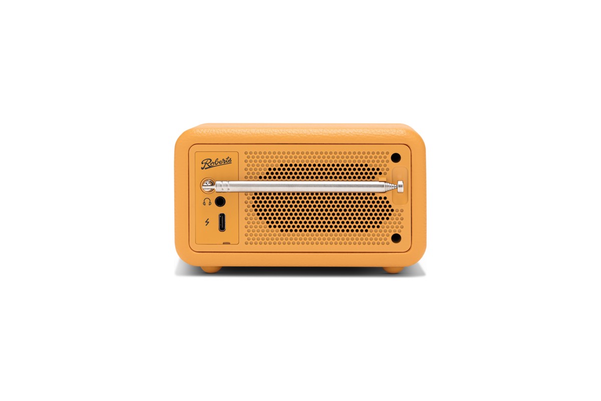 Face arrière de la radio Sunburst Yellow avec antenne télescopique, prise casque et port USB-C, fond blanc