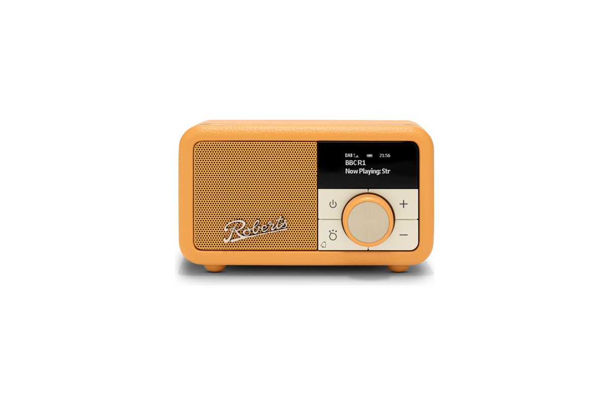 Radio rétro Sunburst Yellow vue de face, écran et bouton de réglage doré, fond blanc