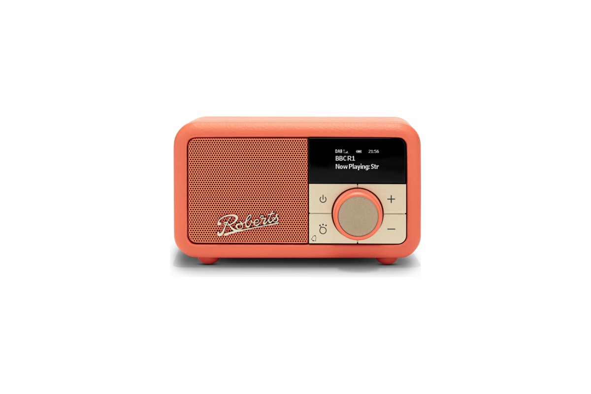 Radio retrò Pop Orange vista frontale, display e manopola di sintonia dorata, sfondo bianco