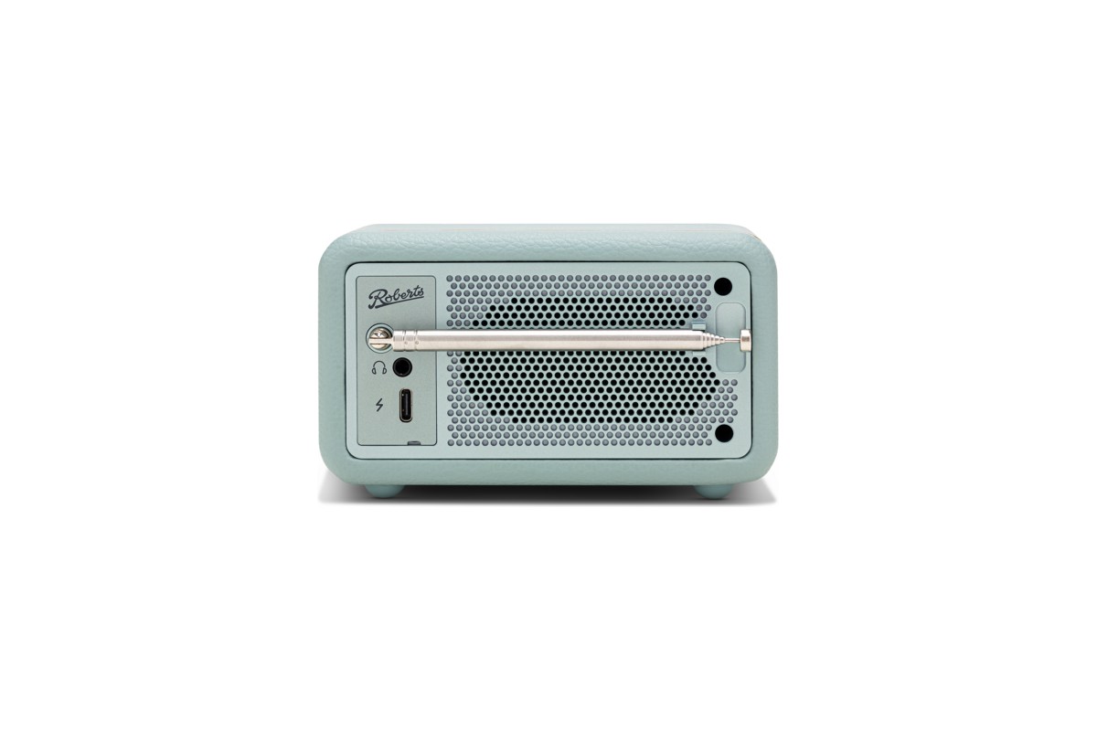 Rückseite des Radios Duck Egg mit Teleskopantenne, Kopfhöreranschluss und USB-C-Port, weisser Hintergrund