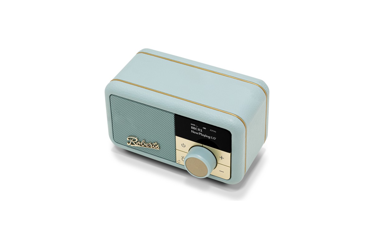 Retro-Radio Duck Egg in Dreiviertelansicht von oben, weisser Hintergrund