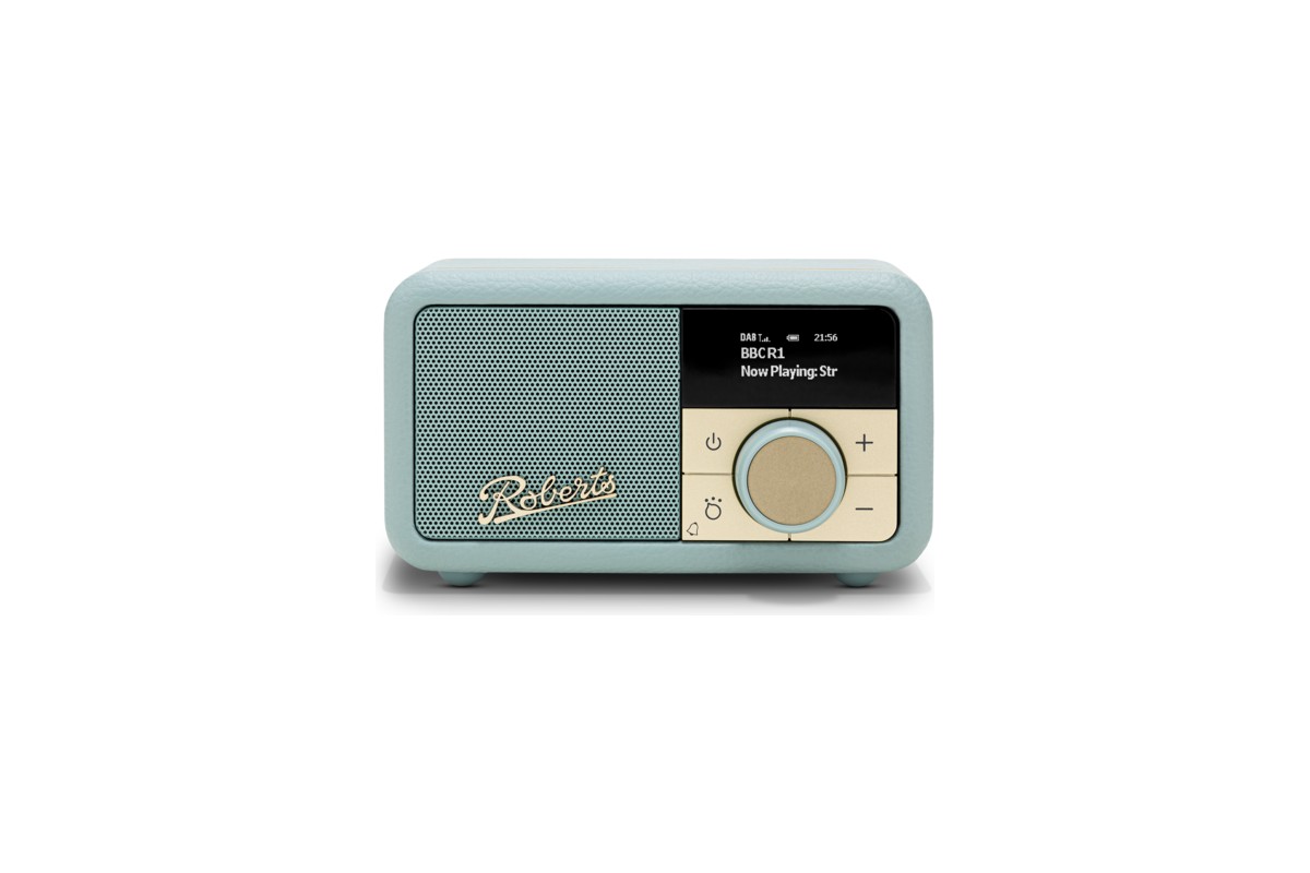 Retro-Radio Duck Egg in Frontansicht, Display und goldener Einstellknopf, weisser Hintergrund