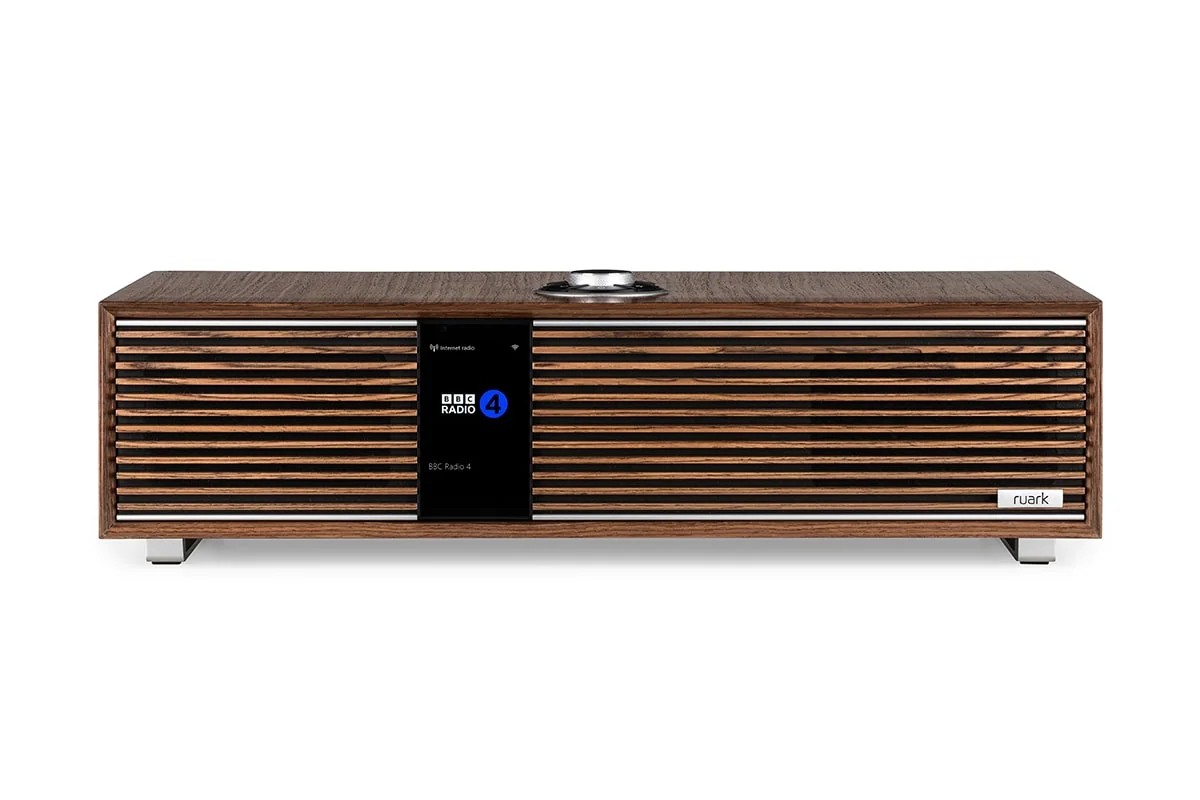 Front of the Fused Walnut cabinet on a white background, screen showing BBC Radio 4
