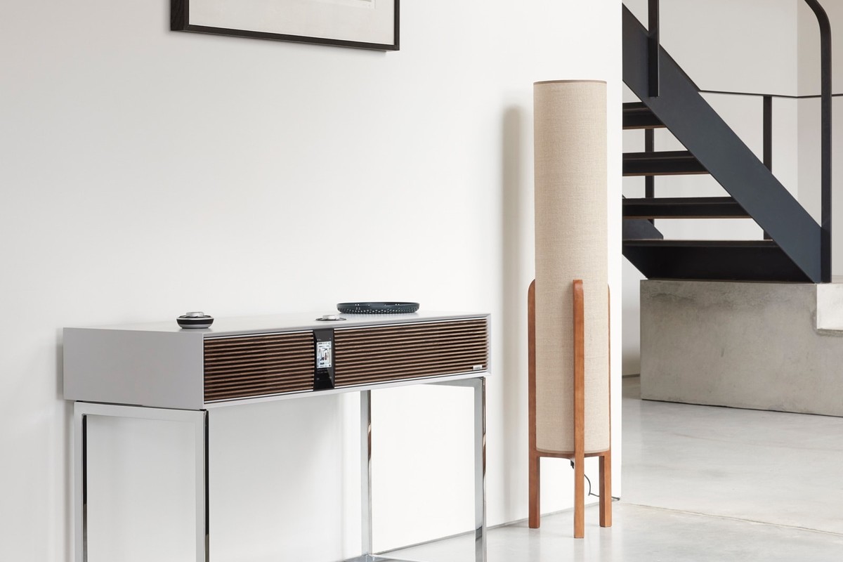 Soft Grey radiogram in a bright hallway, next to a black metal staircase and a linen light