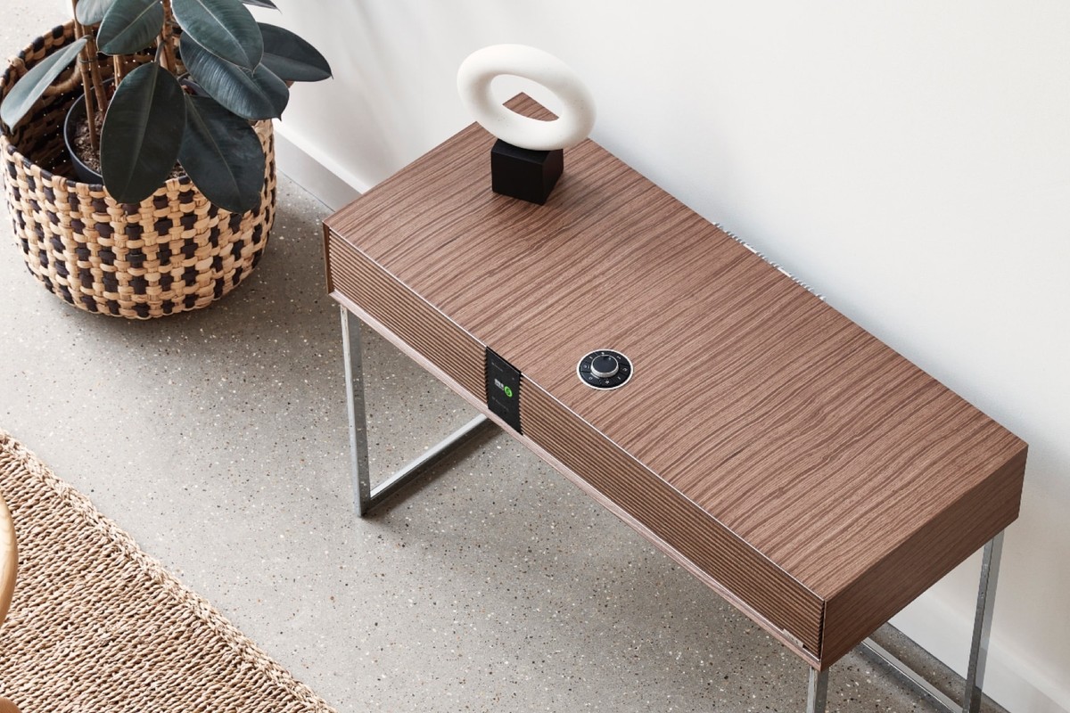 Top view of the walnut radiogram: RotoDial, screen, plant and woven rug