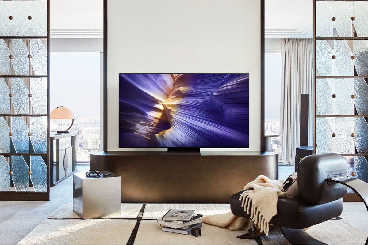 Televisore Samsung QE83S90FAEXZU installato in un soggiorno